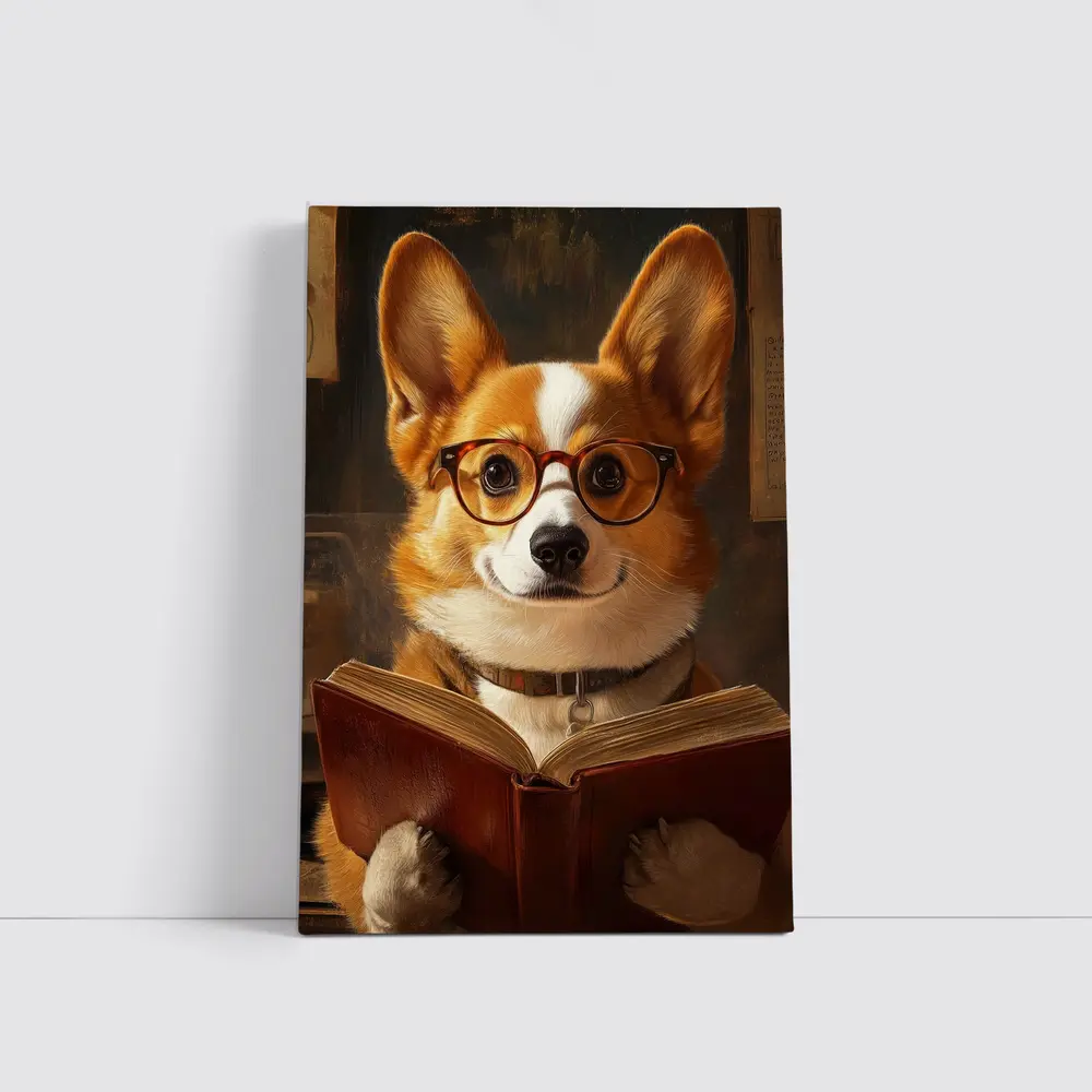 Corgi Dog Reading Book With Glasses – Wall Art