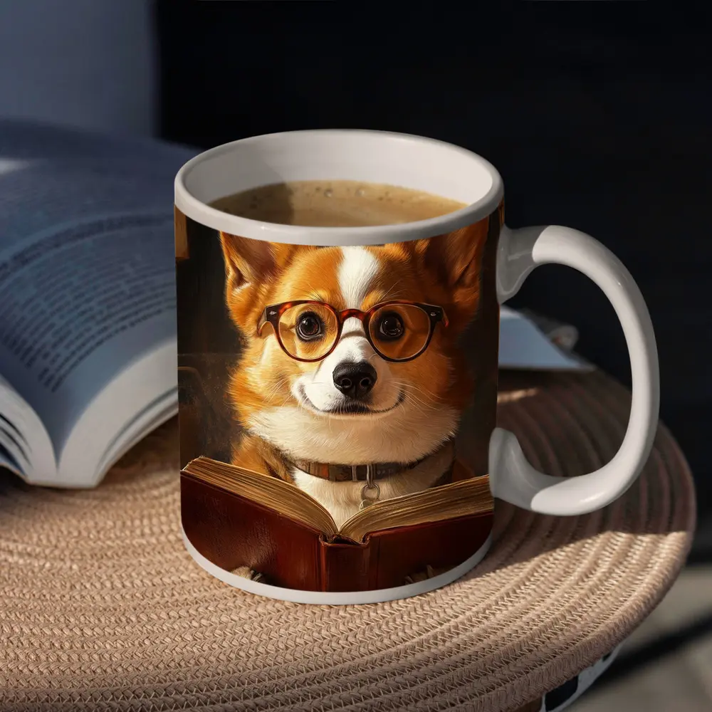 Corgi Dog Reading Book With Glasses – Mugs