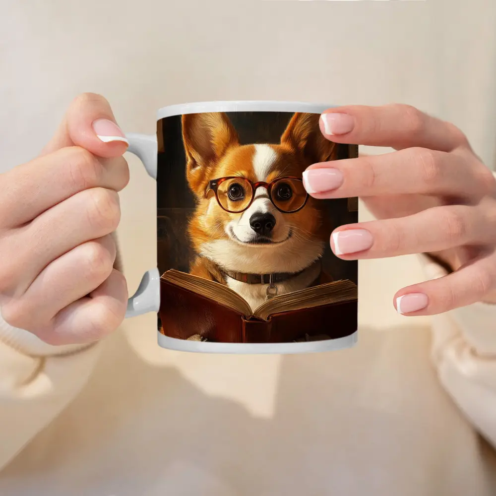 Corgi Dog Reading Book With Glasses – Mugs