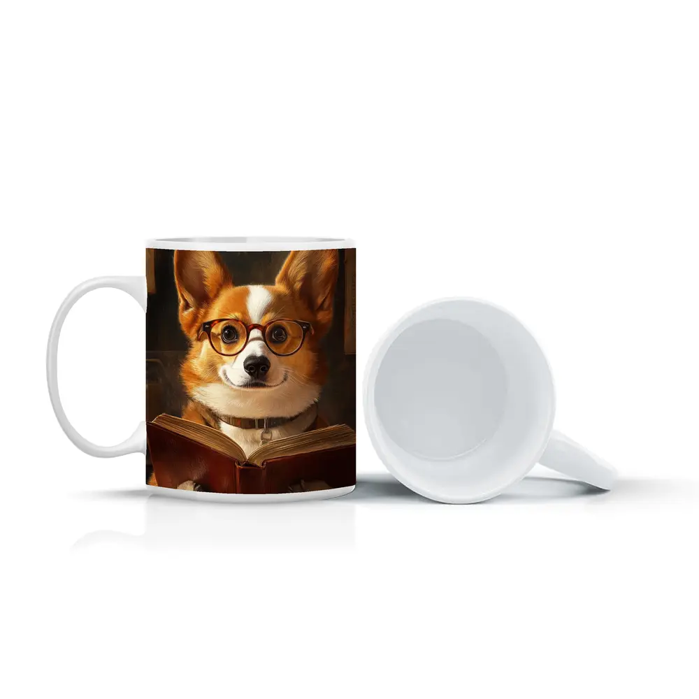 Corgi Dog Reading Book With Glasses – Mugs
