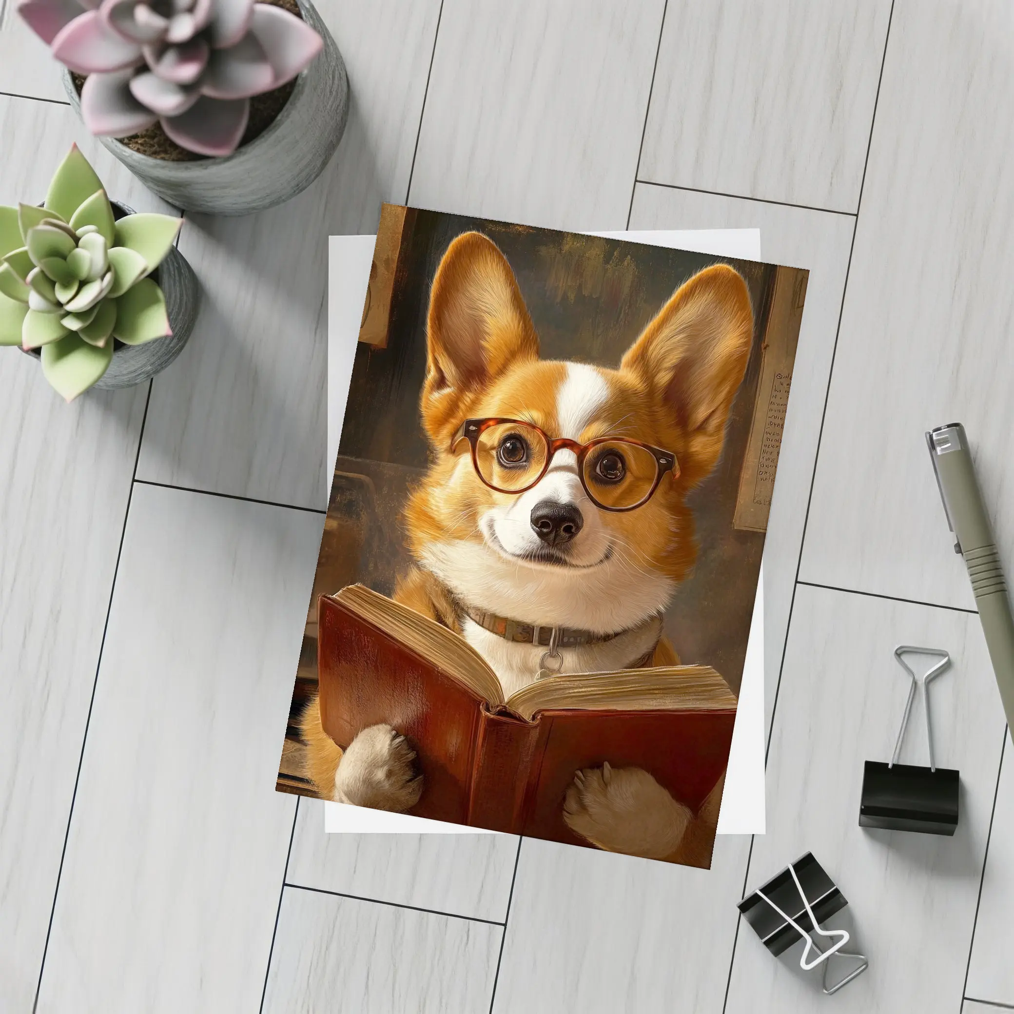 Corgi Dog Reading Book With Glasses – Postcards