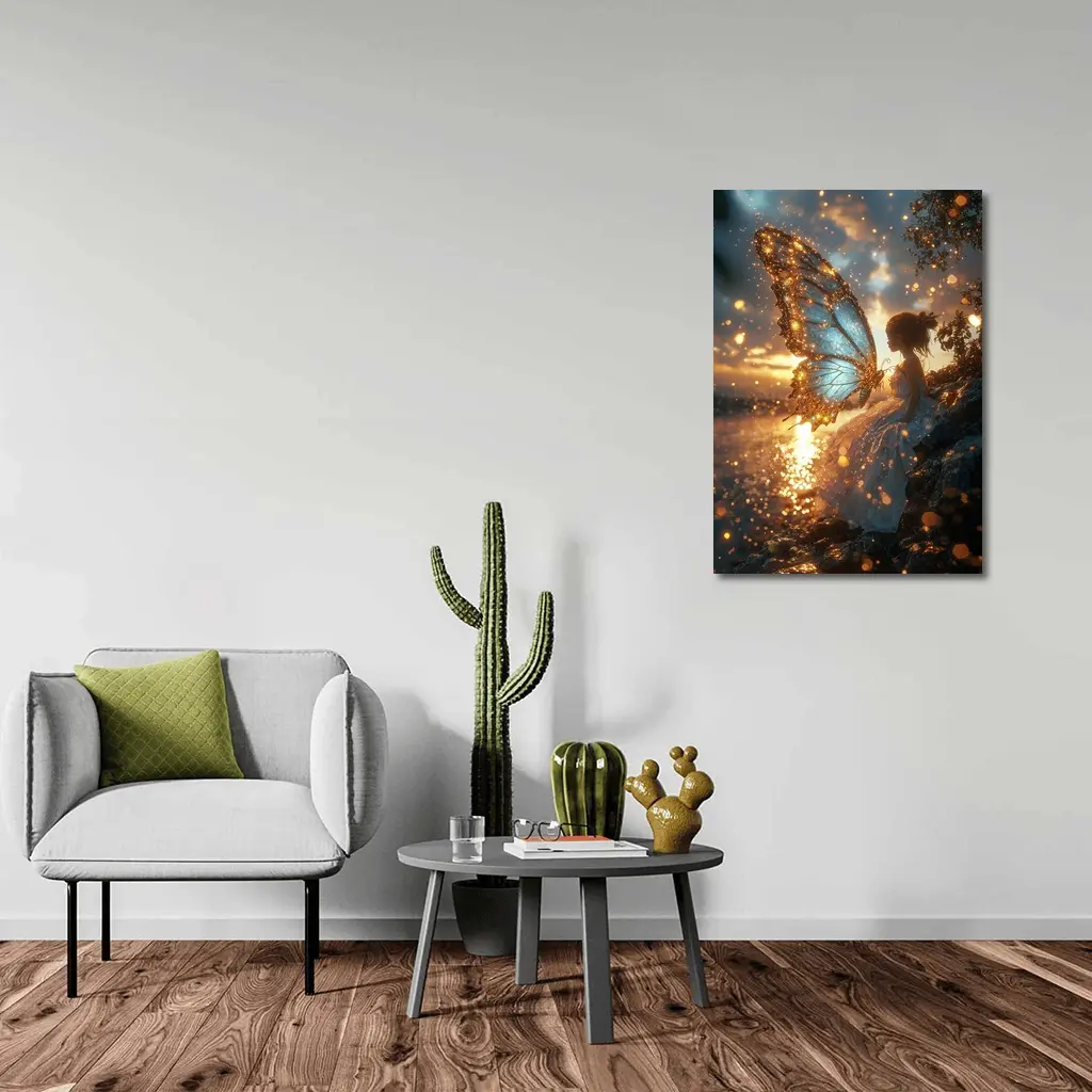 Fairy Girl Butterfly Wings Golden Sunset Water – Wall Art