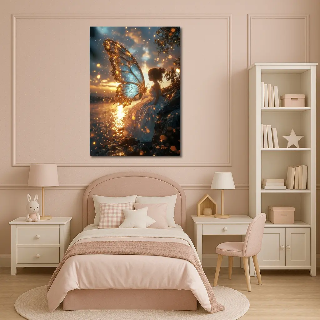 Fairy Girl Butterfly Wings Golden Sunset Water – Wall Art
