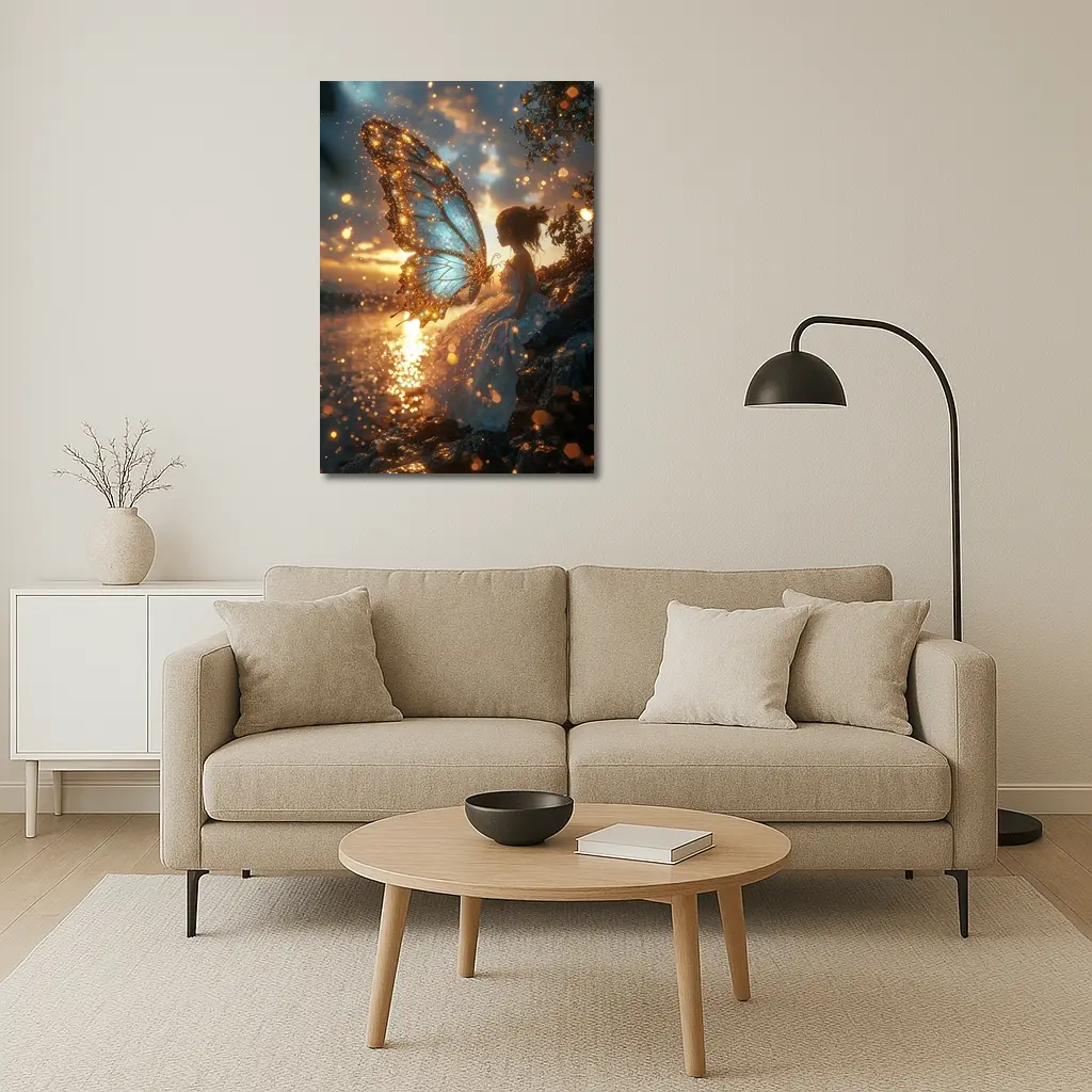 Fairy Girl Butterfly Wings Golden Sunset Water – Wall Art