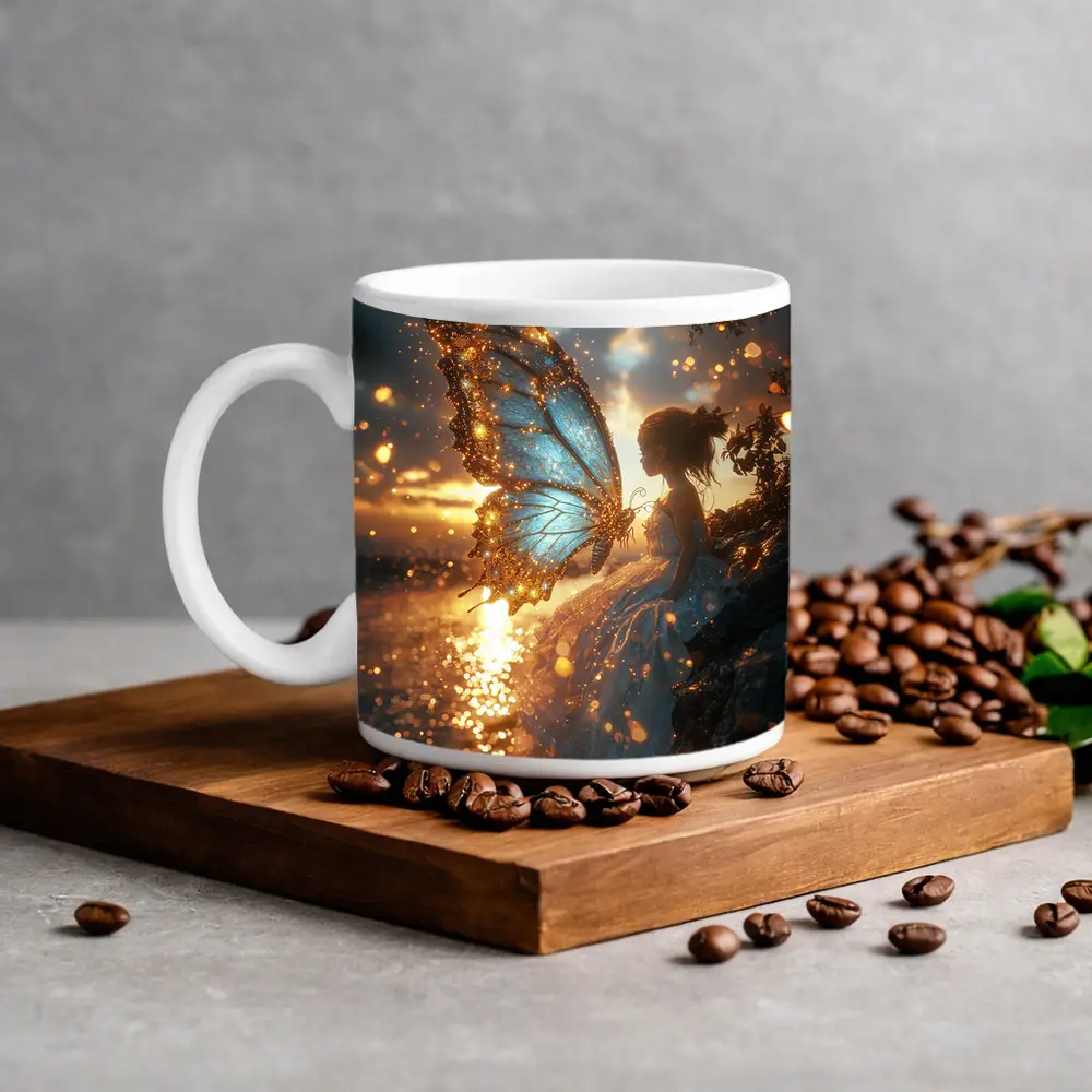 Fairy Girl Butterfly Wings Golden Sunset Water – Mugs