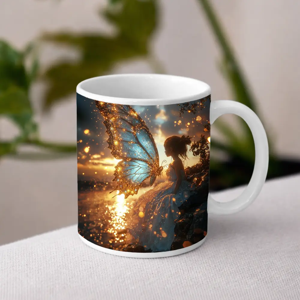 Fairy Girl Butterfly Wings Golden Sunset Water – Mugs