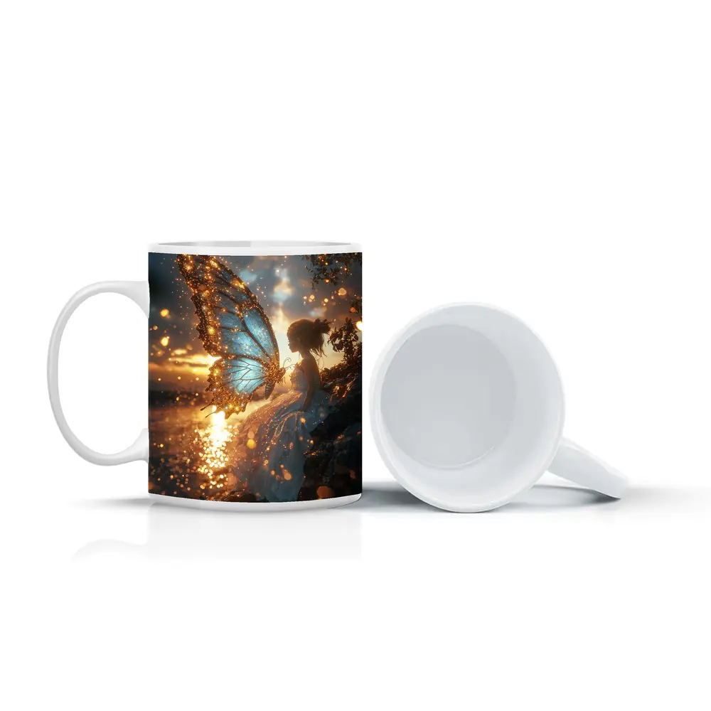 Fairy Girl Butterfly Wings Golden Sunset Water – Mugs