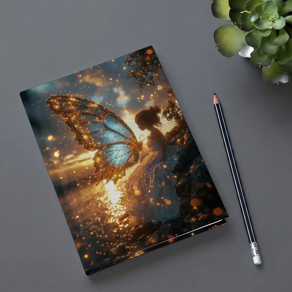 Fairy Girl Butterfly Wings Golden Sunset Water – Notebooks
