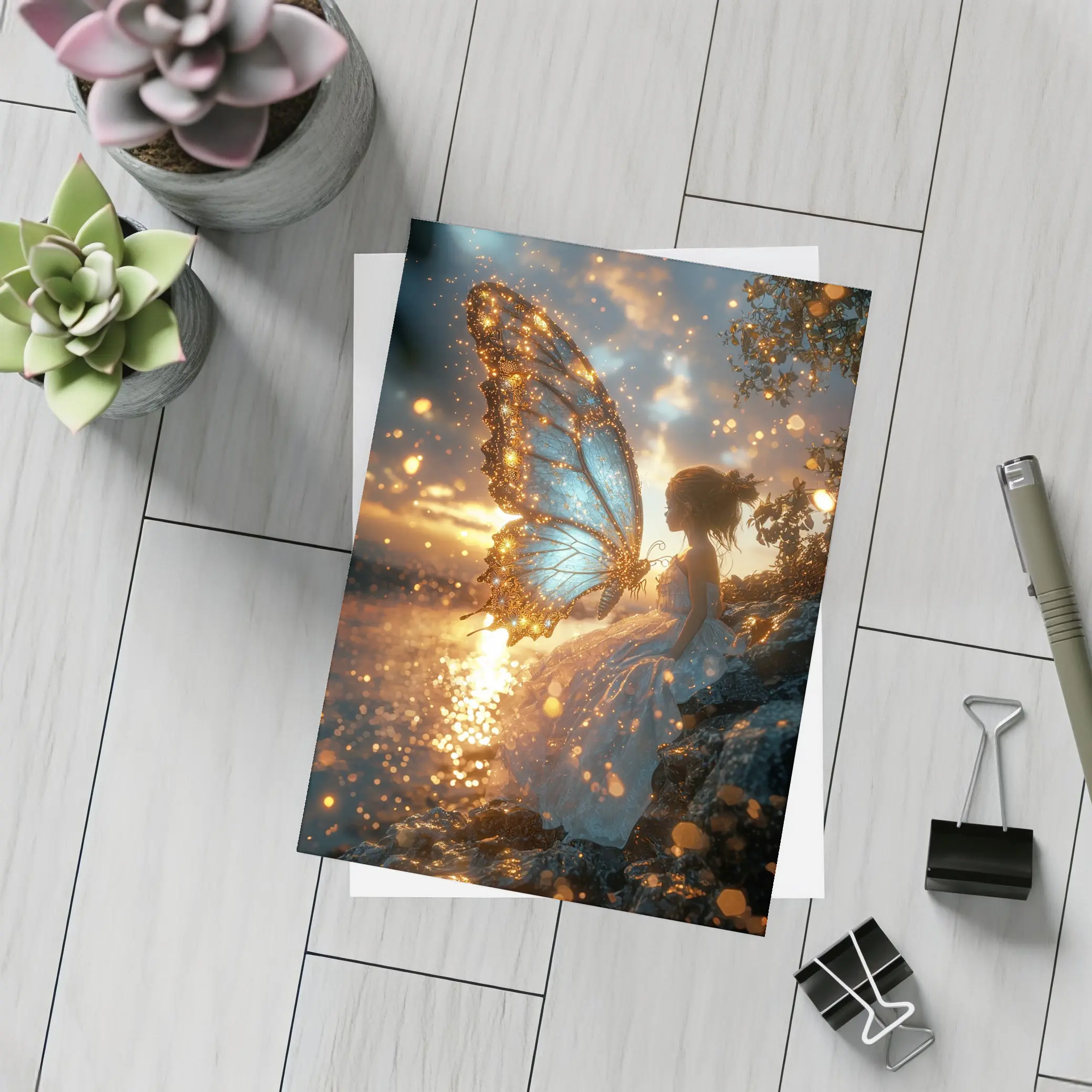 Fairy Girl Butterfly Wings Golden Sunset Water – Postcards
