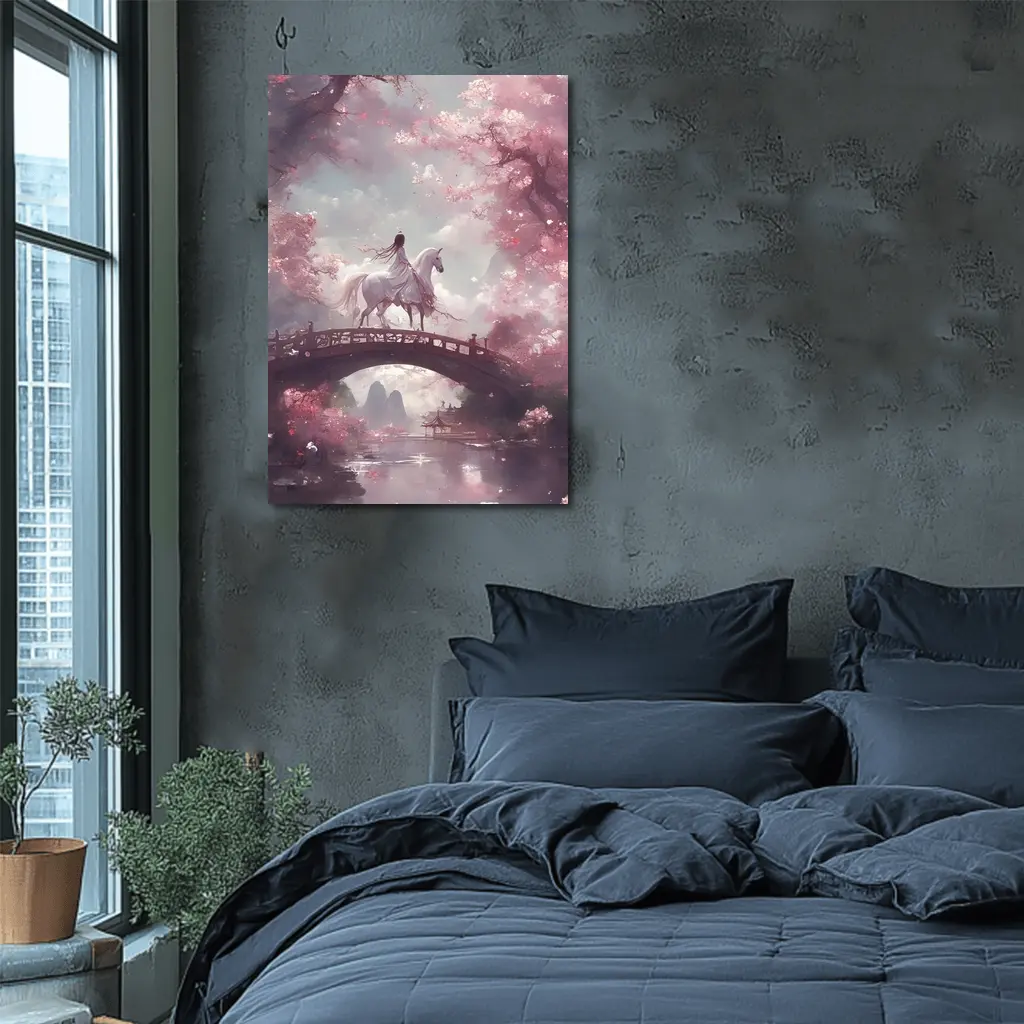Woman Riding White Horse Cherry Blossom Bridge – Wall Art