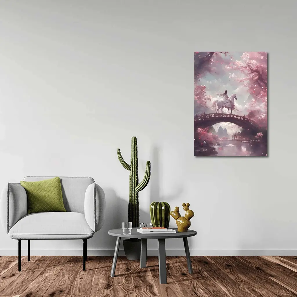 Woman Riding White Horse Cherry Blossom Bridge – Wall Art