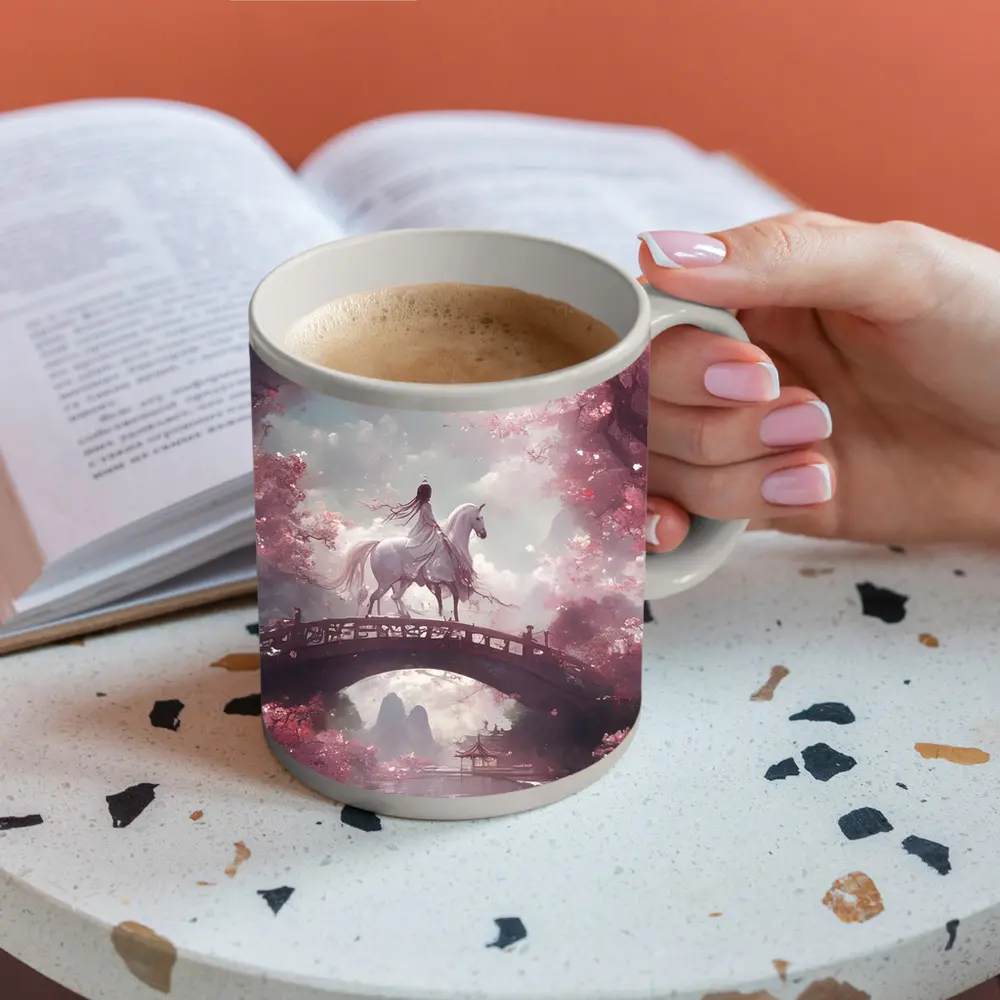 Woman Riding White Horse Cherry Blossom Bridge – Mugs