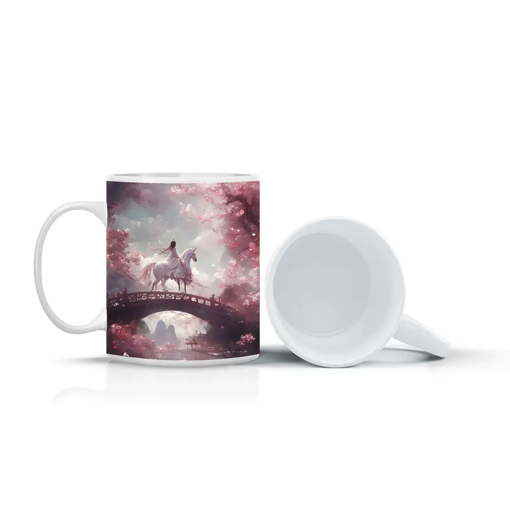 Woman Riding White Horse Cherry Blossom Bridge – Mugs