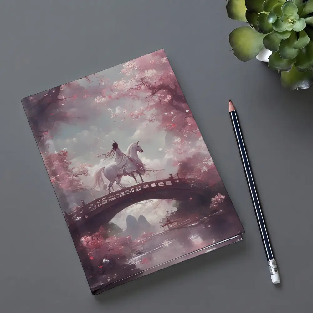Woman Riding White Horse Cherry Blossom Bridge – Notebooks