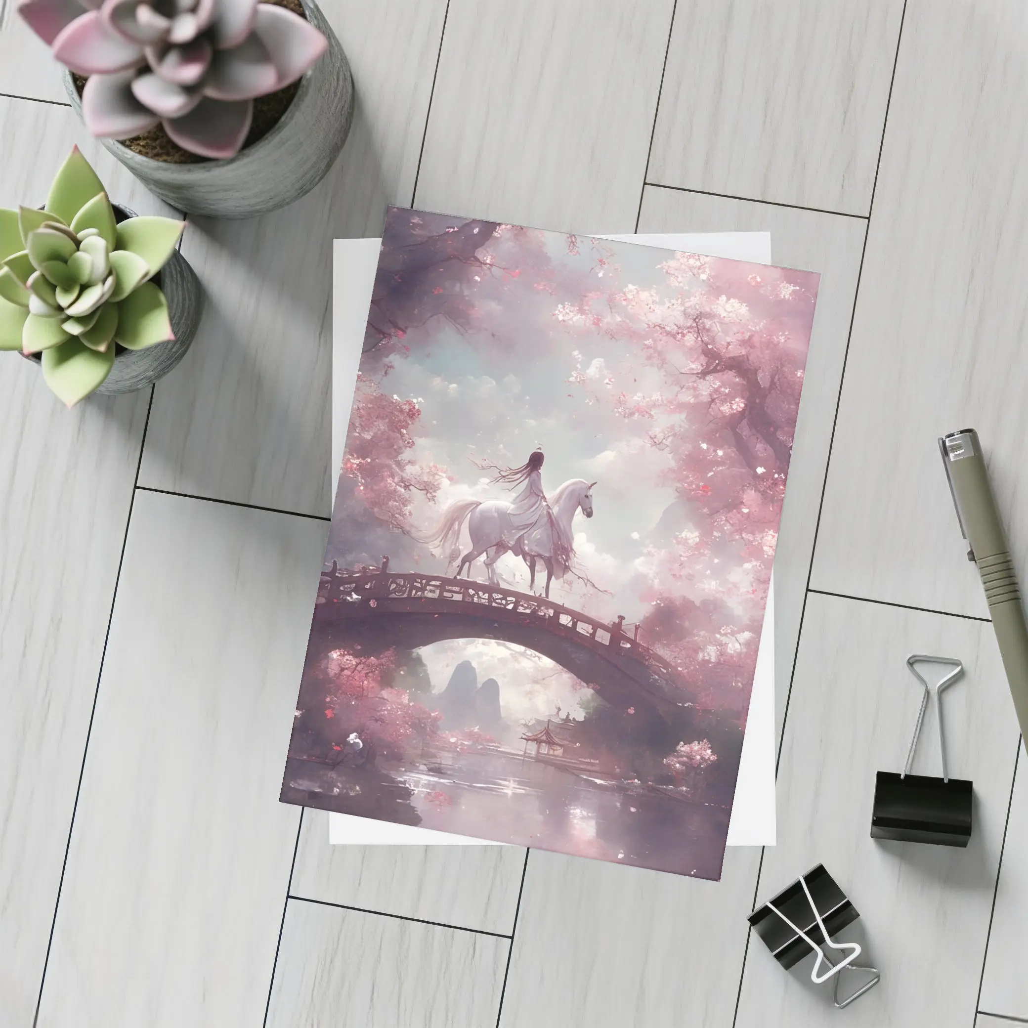 Woman Riding White Horse Cherry Blossom Bridge – Postcards