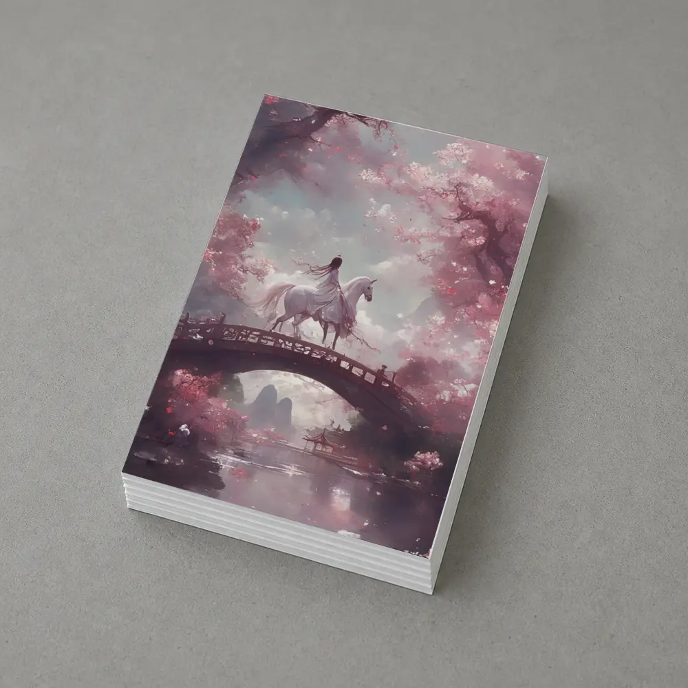 Woman Riding White Horse Cherry Blossom Bridge – Postcards