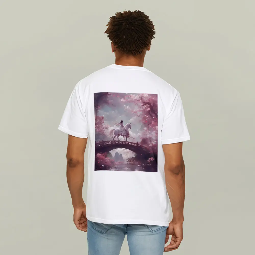 Woman Riding White Horse Cherry Blossom Bridge – T-Shirts