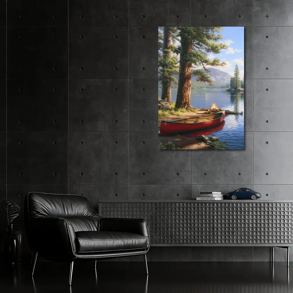 Red Canoe By Mountain Lake Pine Trees – Wall Art