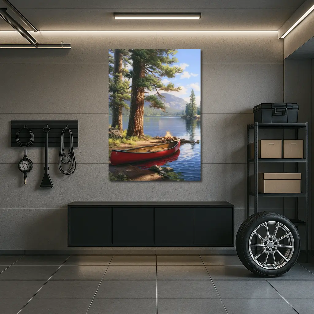 Red Canoe By Mountain Lake Pine Trees – Wall Art
