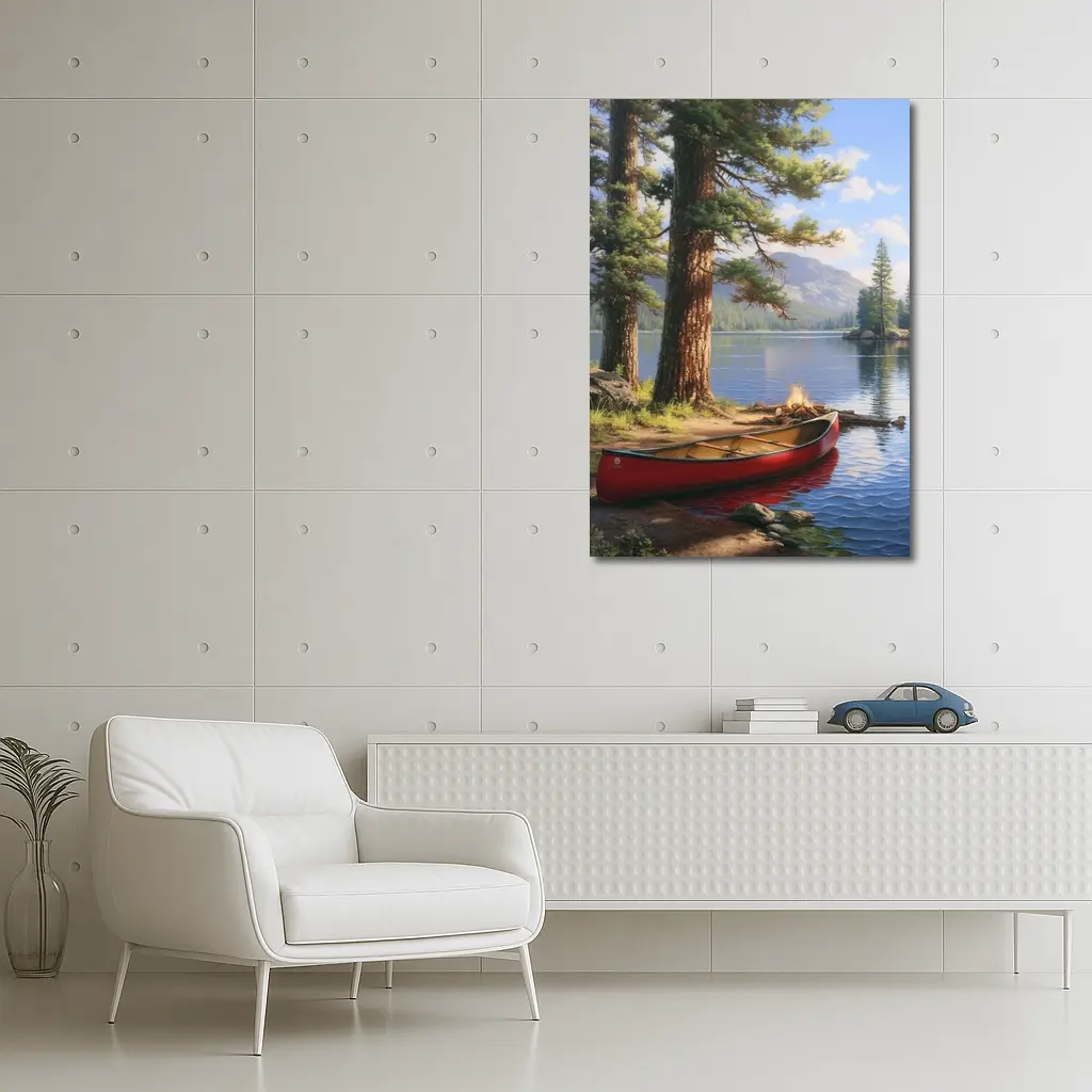 Red Canoe By Mountain Lake Pine Trees – Wall Art