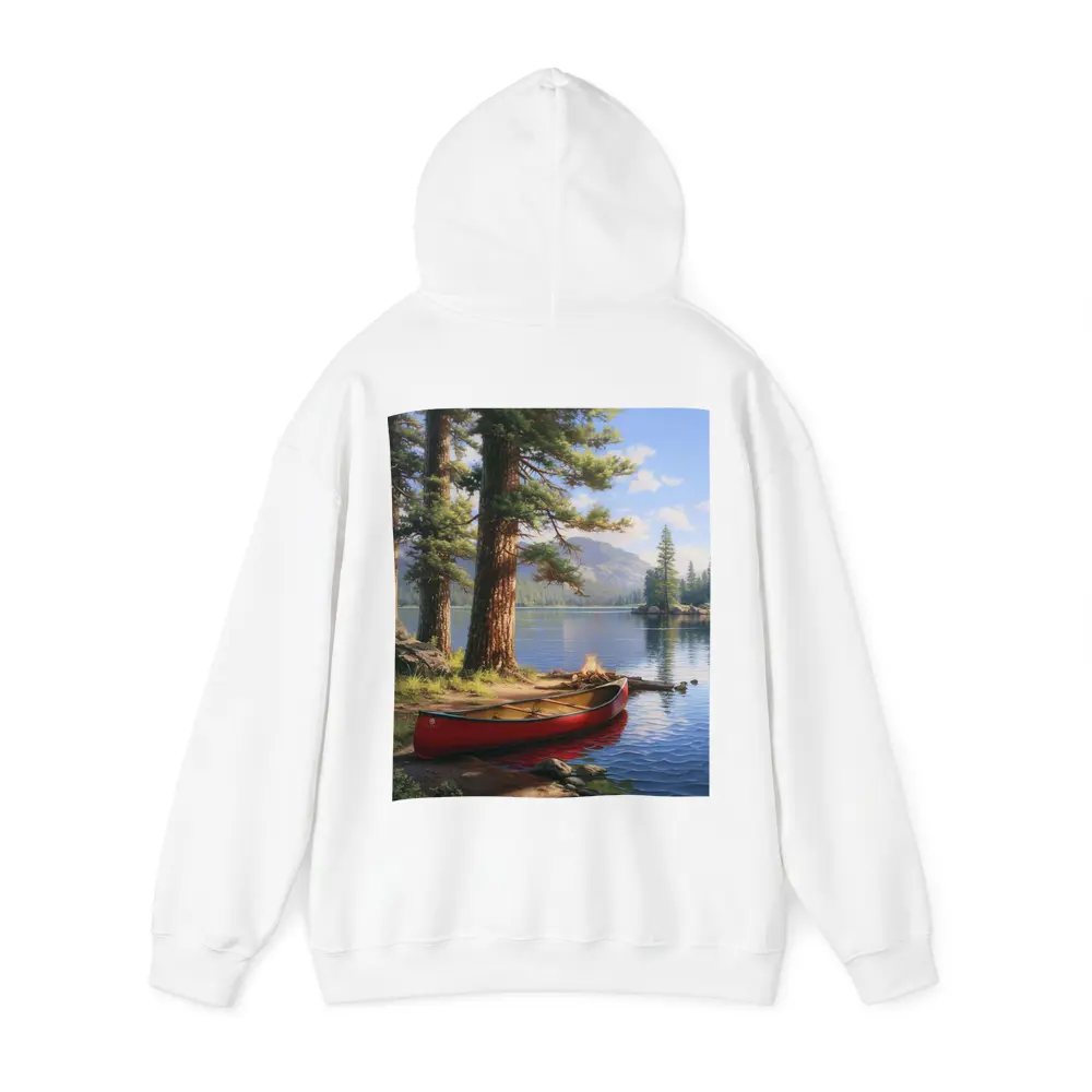 Red Canoe By Mountain Lake Pine Trees – Hoodies