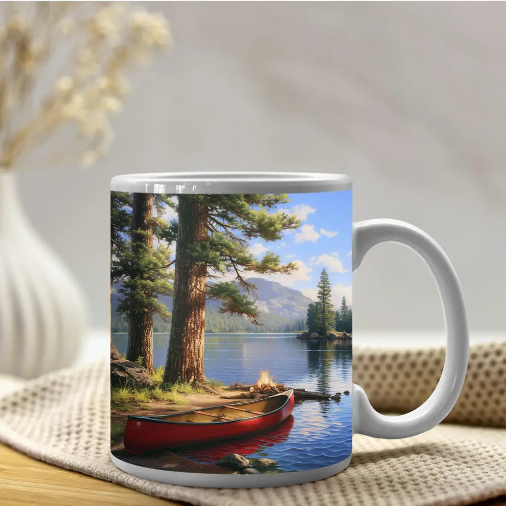 Red Canoe By Mountain Lake Pine Trees – Mugs