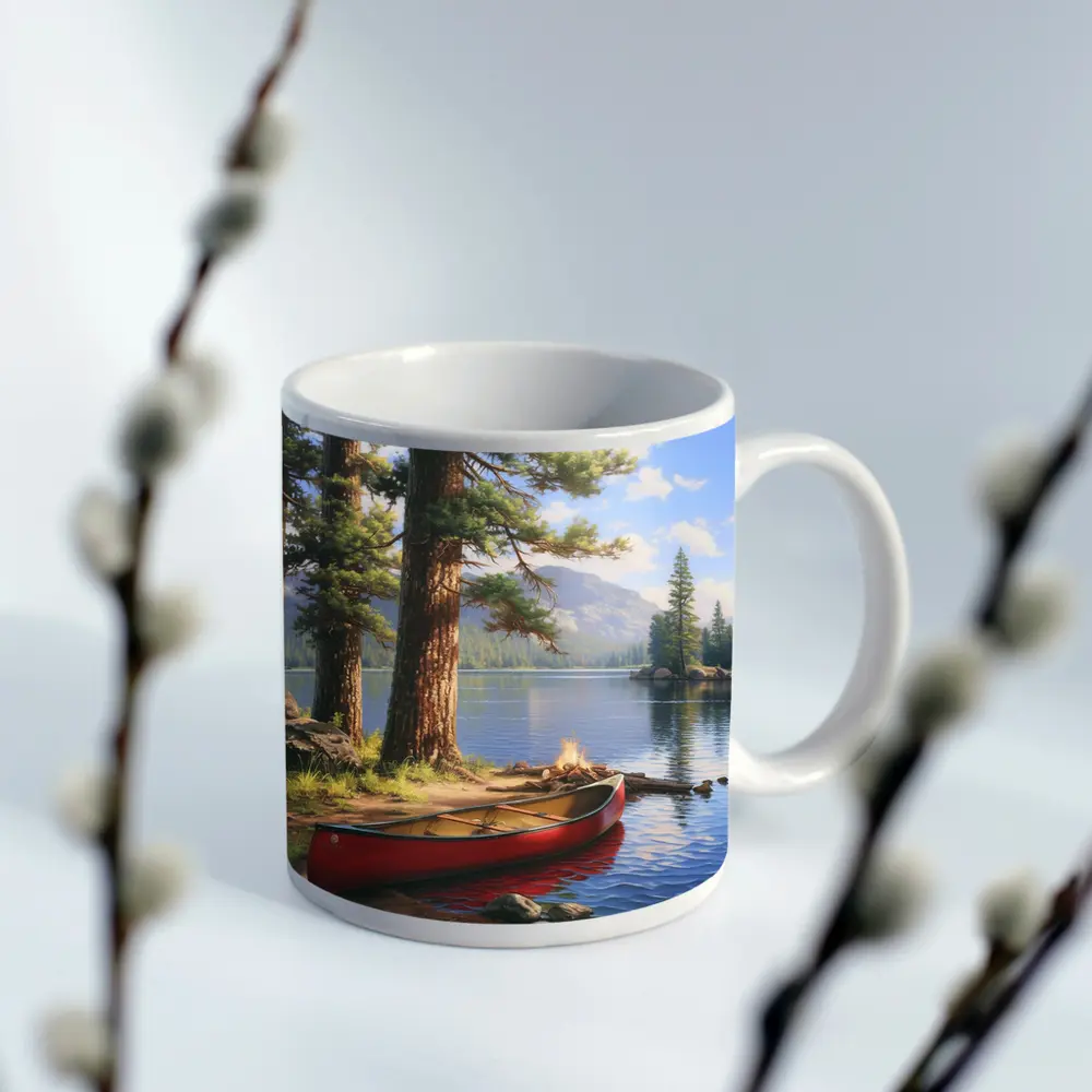 Red Canoe By Mountain Lake Pine Trees – Mugs
