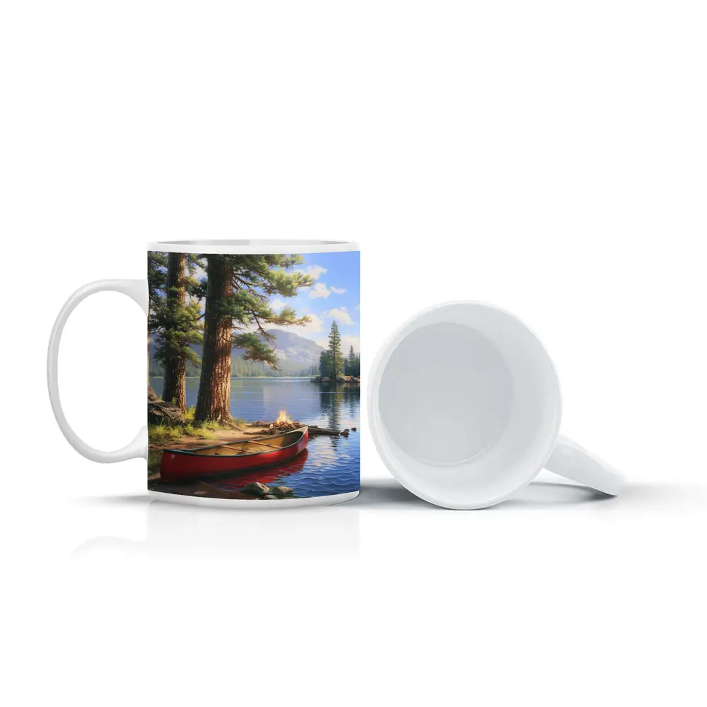 Red Canoe By Mountain Lake Pine Trees – Mugs