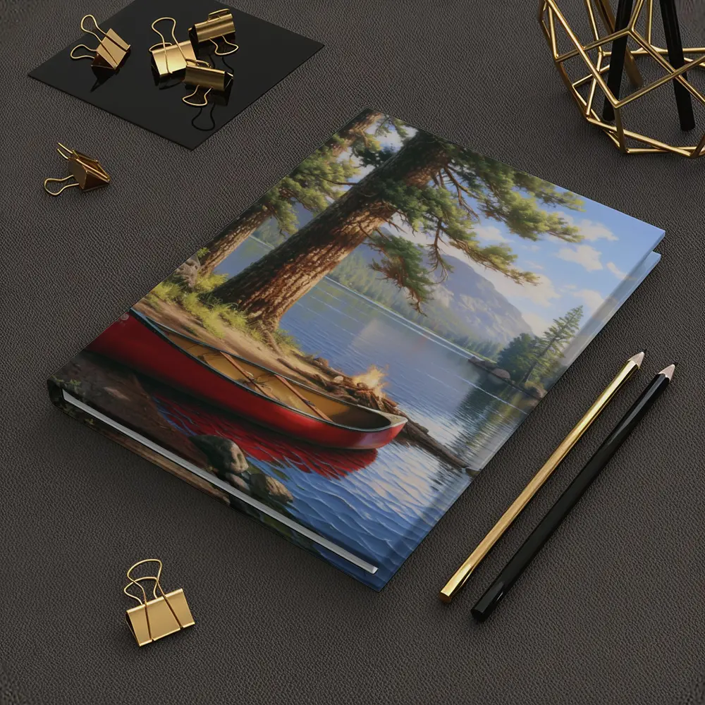 Red Canoe By Mountain Lake Pine Trees – Notebooks