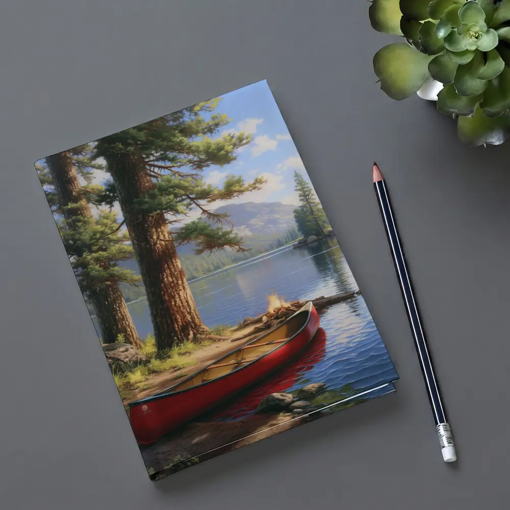 Red Canoe By Mountain Lake Pine Trees – Notebooks