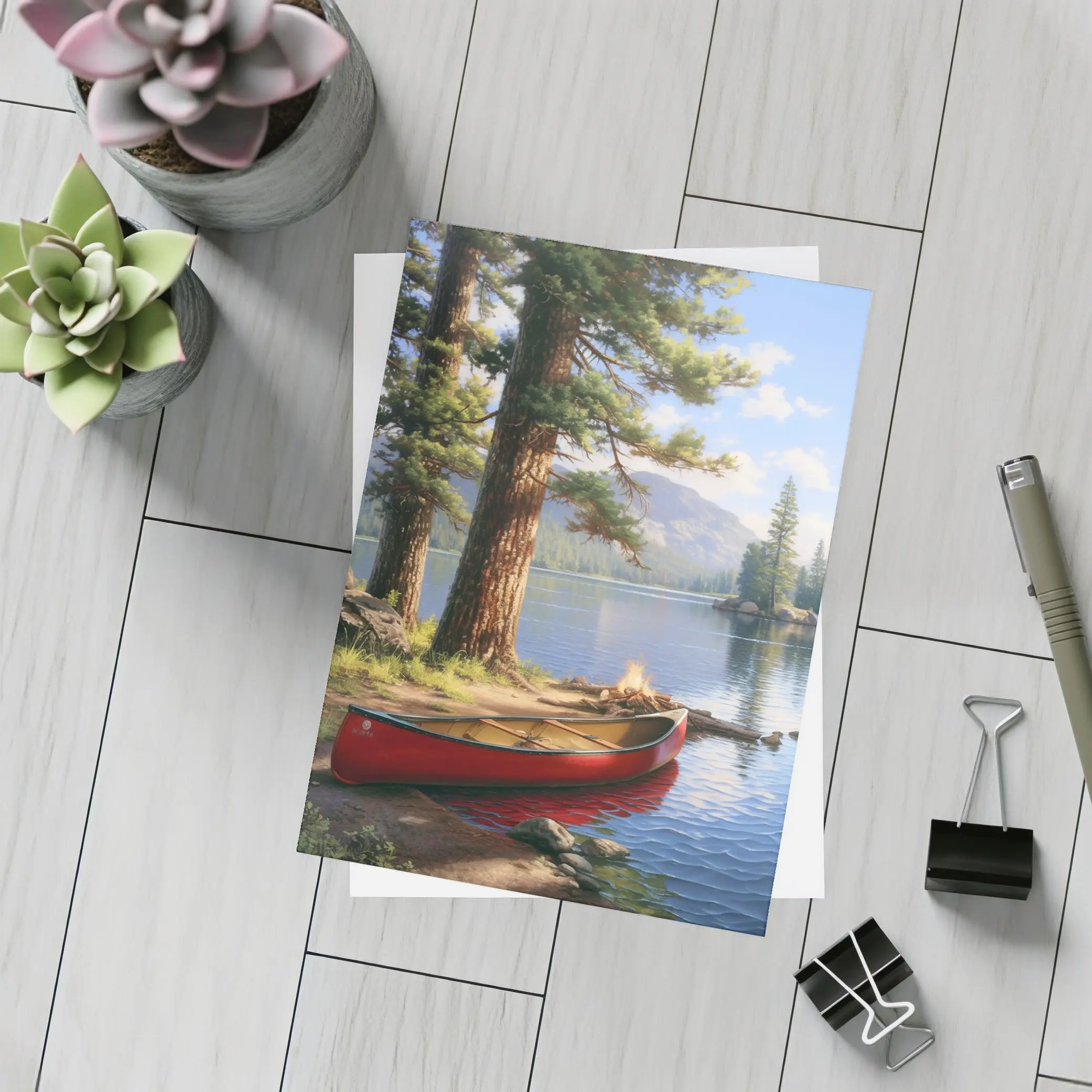 Red Canoe By Mountain Lake Pine Trees – Postcards