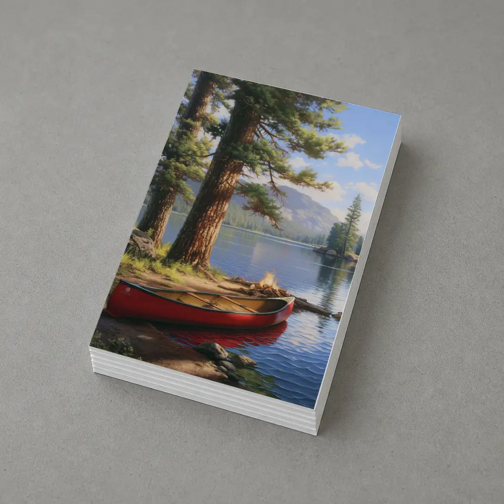 Red Canoe By Mountain Lake Pine Trees – Postcards