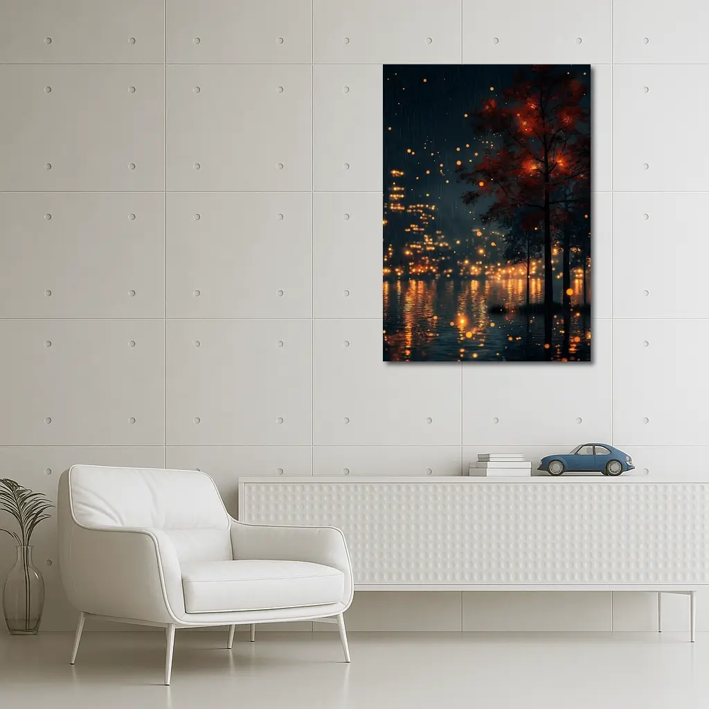 Rainy City Night Glowing Trees Reflections – Wall Art