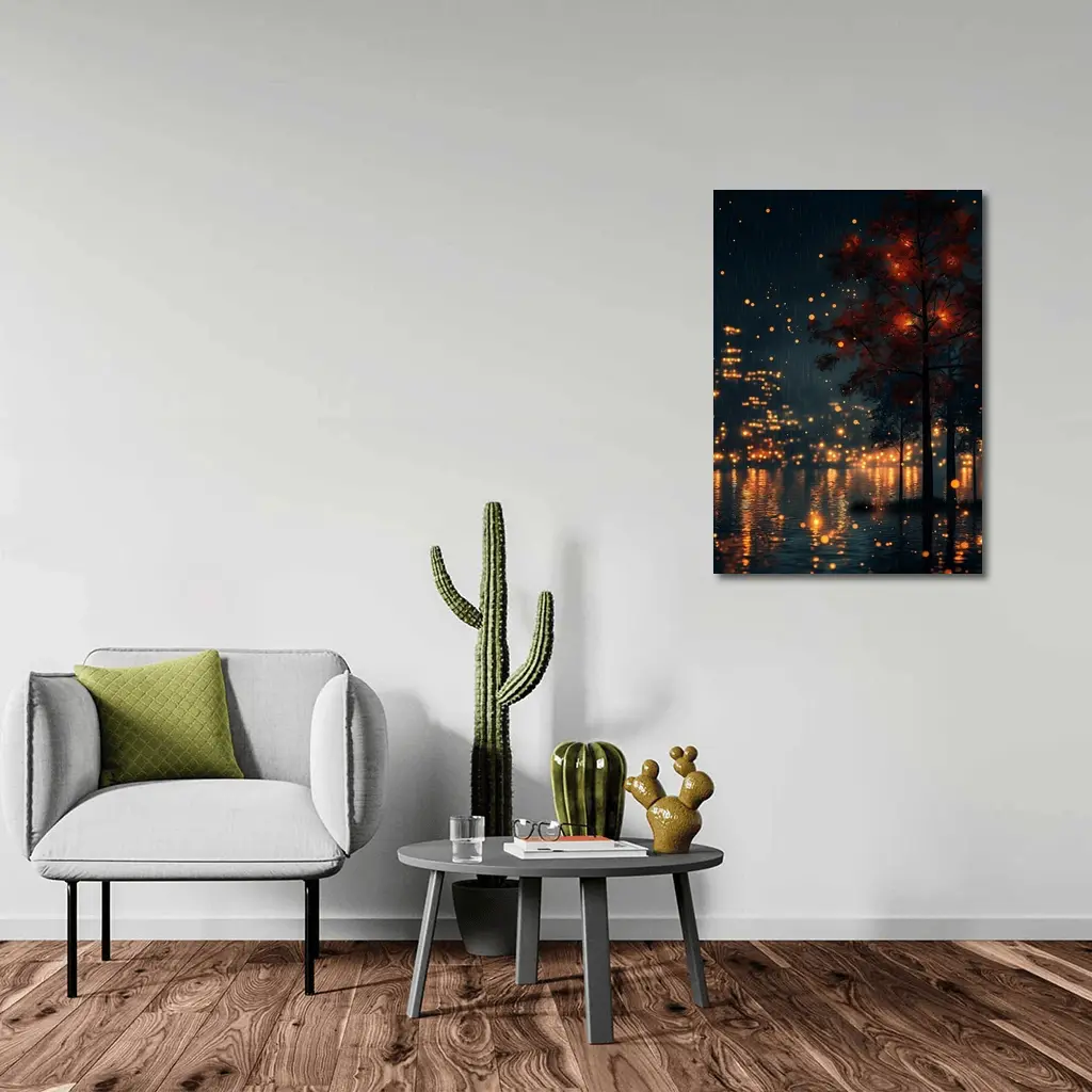 Rainy City Night Glowing Trees Reflections – Wall Art
