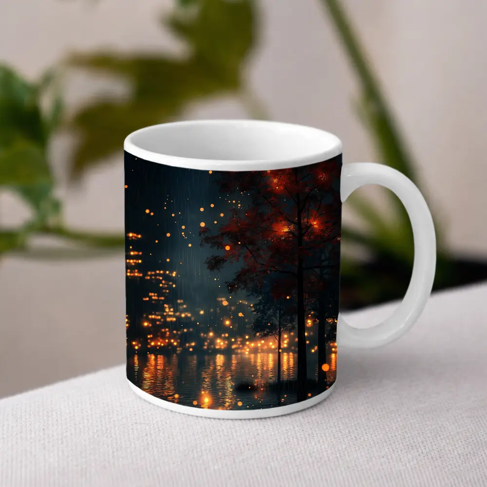 Rainy City Night Glowing Trees Reflections – Mugs