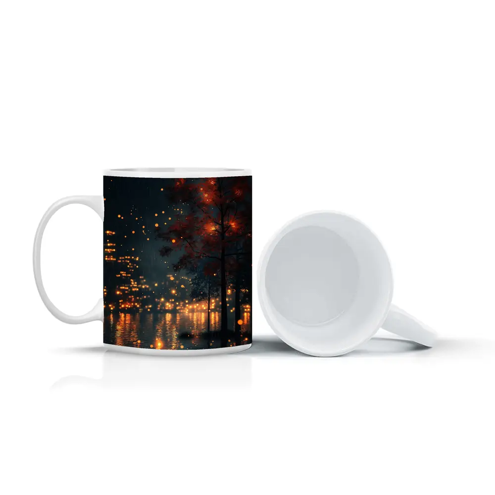 Rainy City Night Glowing Trees Reflections – Mugs