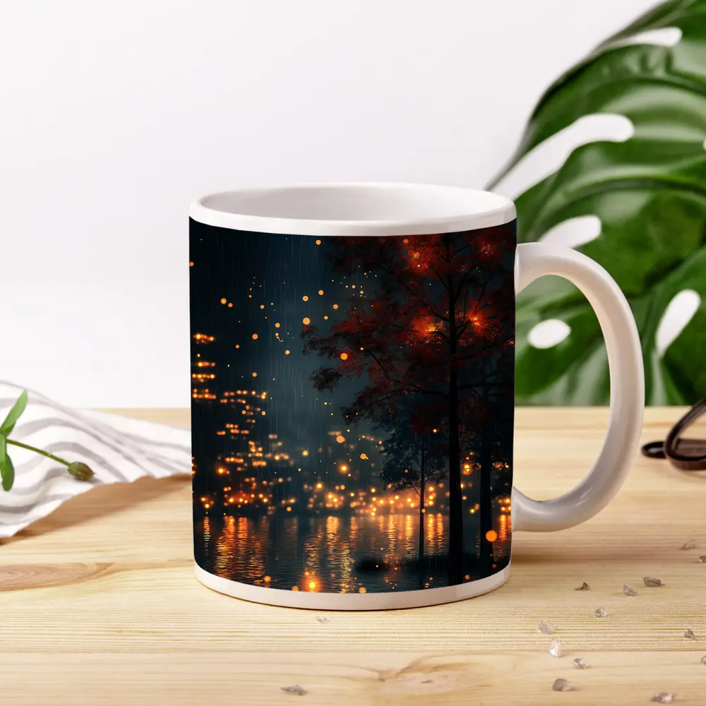 Rainy City Night Glowing Trees Reflections – Mugs