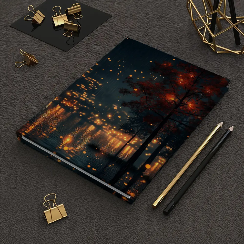 Rainy City Night Glowing Trees Reflections – Notebooks