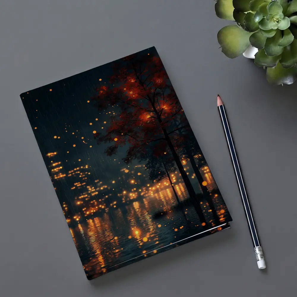 Rainy City Night Glowing Trees Reflections – Notebooks