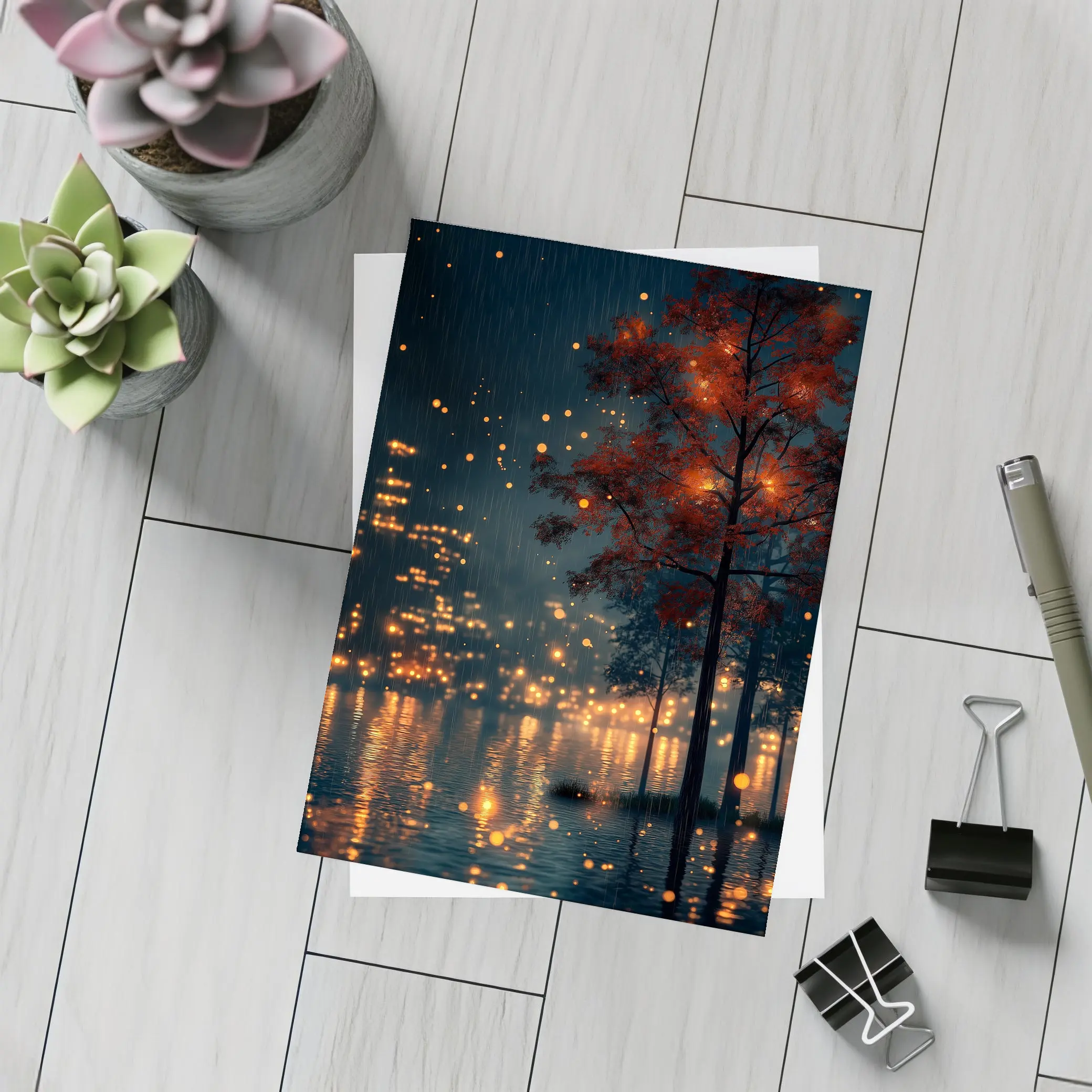 Rainy City Night Glowing Trees Reflections – Postcards