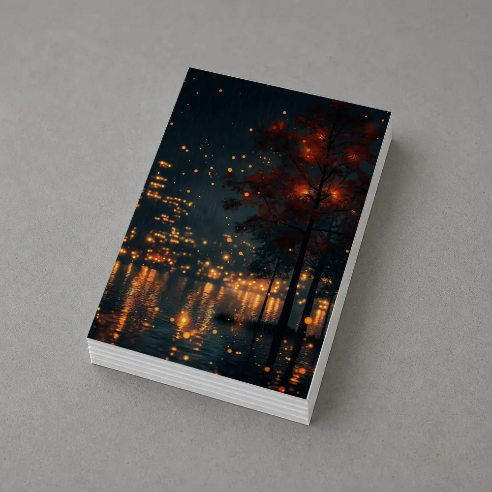 Rainy City Night Glowing Trees Reflections – Postcards