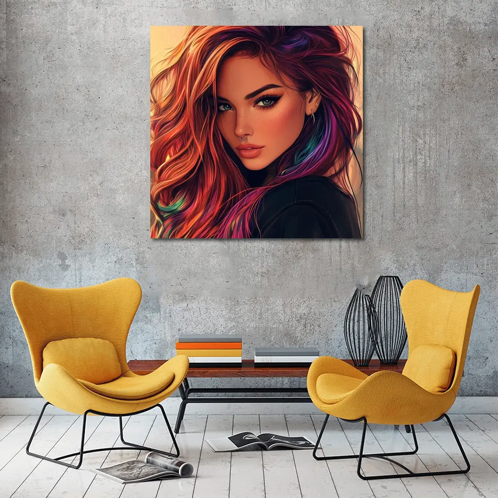 Colorful Hair Woman Portrait Digital Art Style – Wall Art
