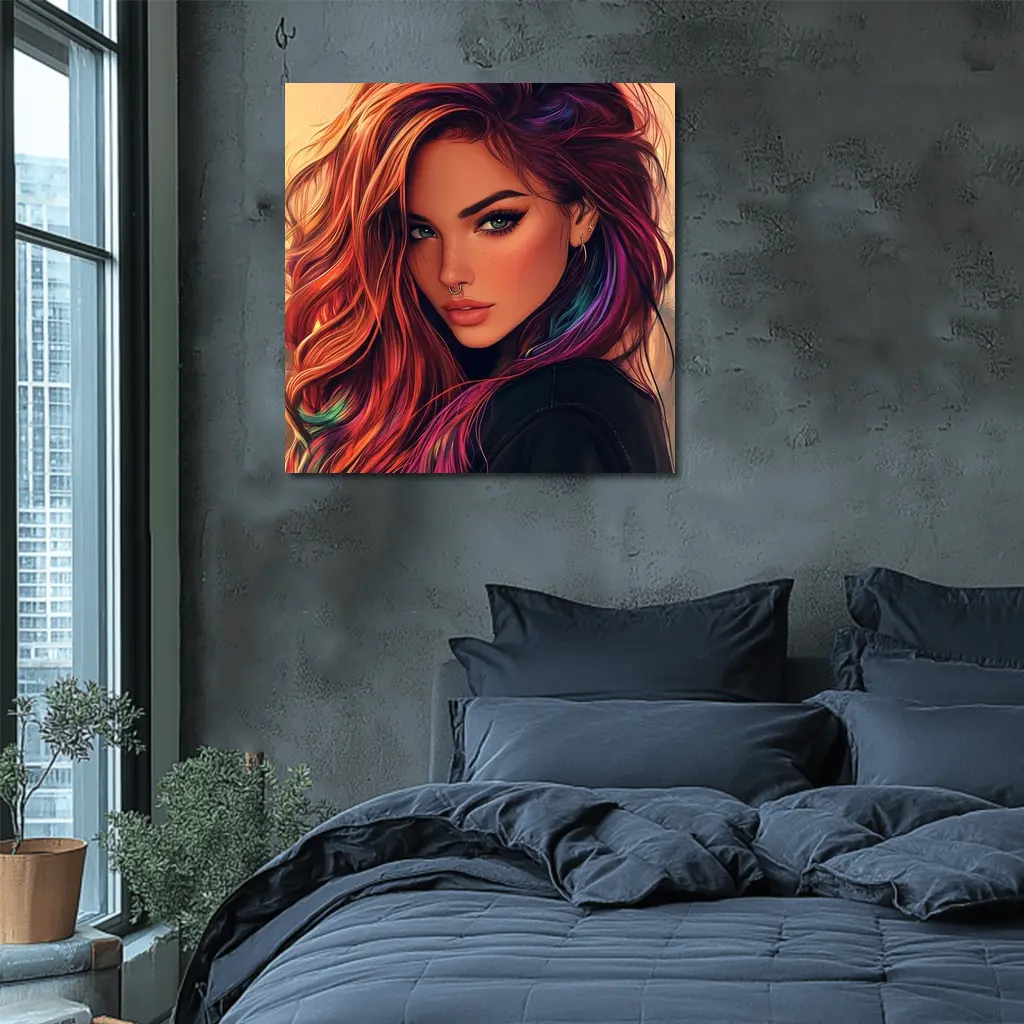 Colorful Hair Woman Portrait Digital Art Style – Wall Art