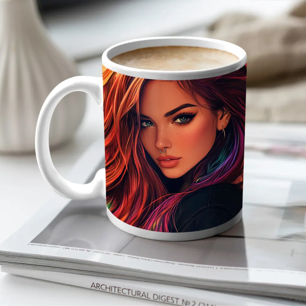 Colorful Hair Woman Portrait Digital Art Style – Mugs
