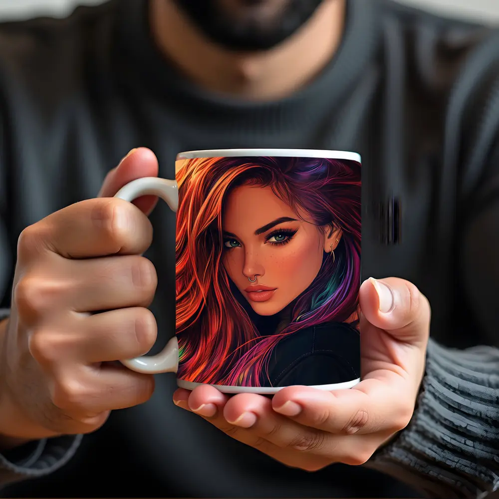 Colorful Hair Woman Portrait Digital Art Style – Mugs