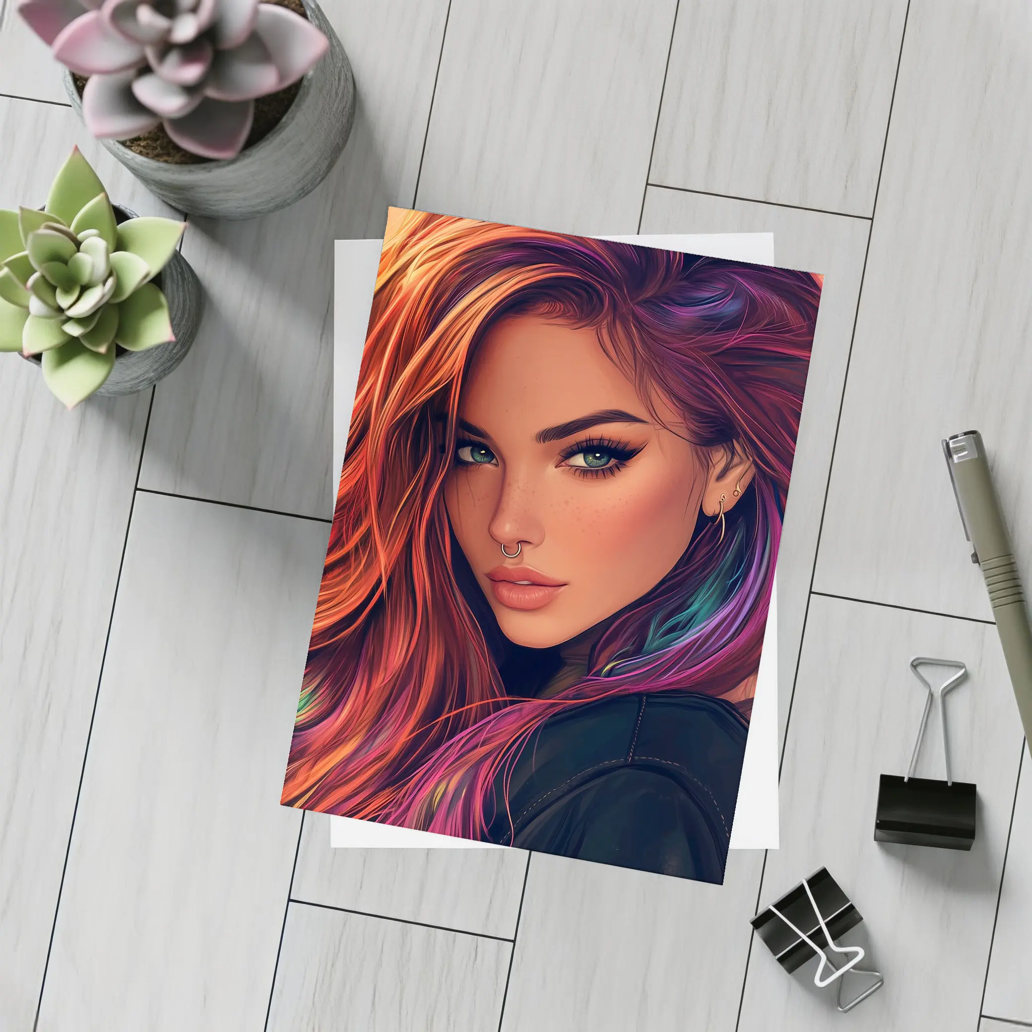 Colorful Hair Woman Portrait Digital Art Style – Postcards