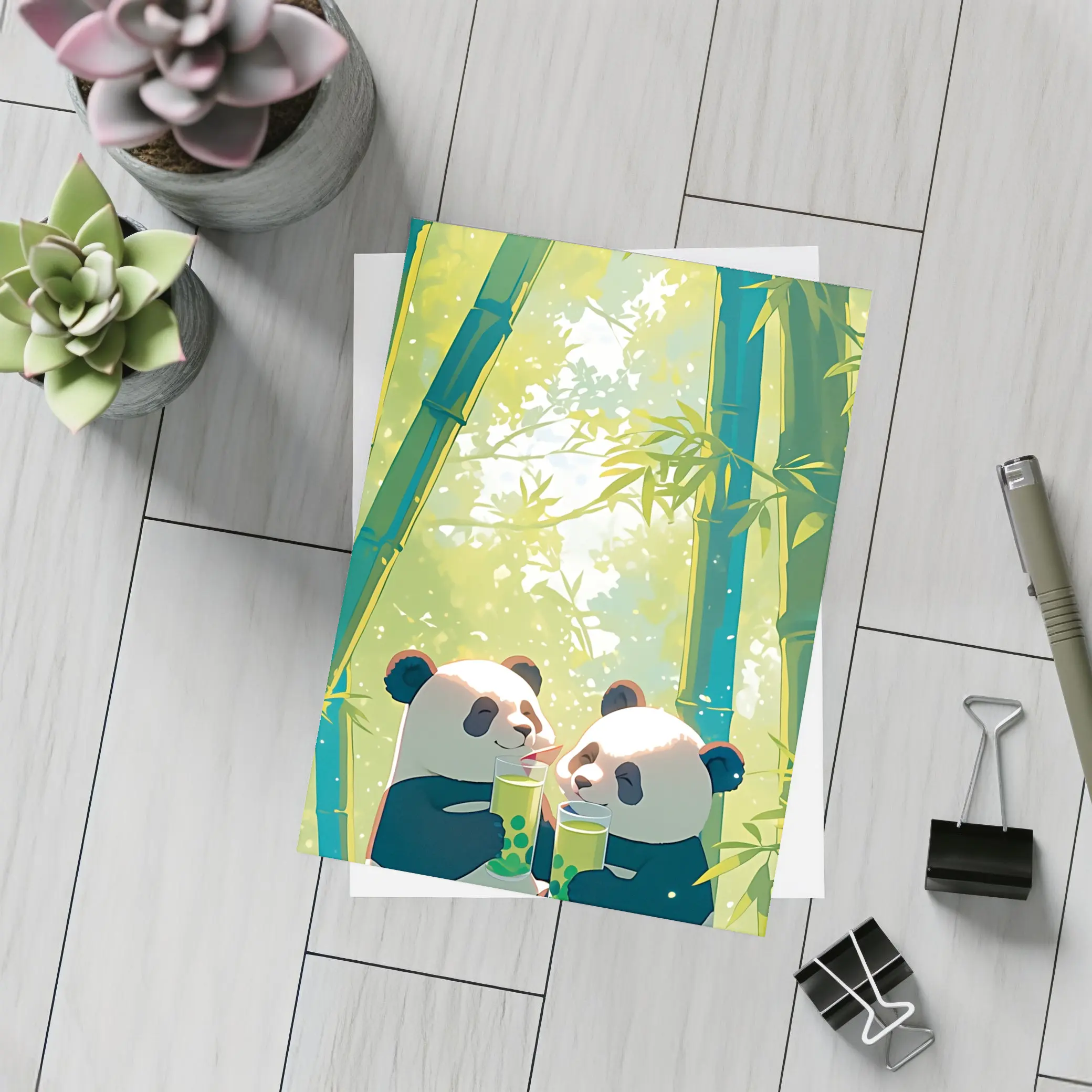 Two Pandas Drinking Tea Bamboo Forest – Postcards