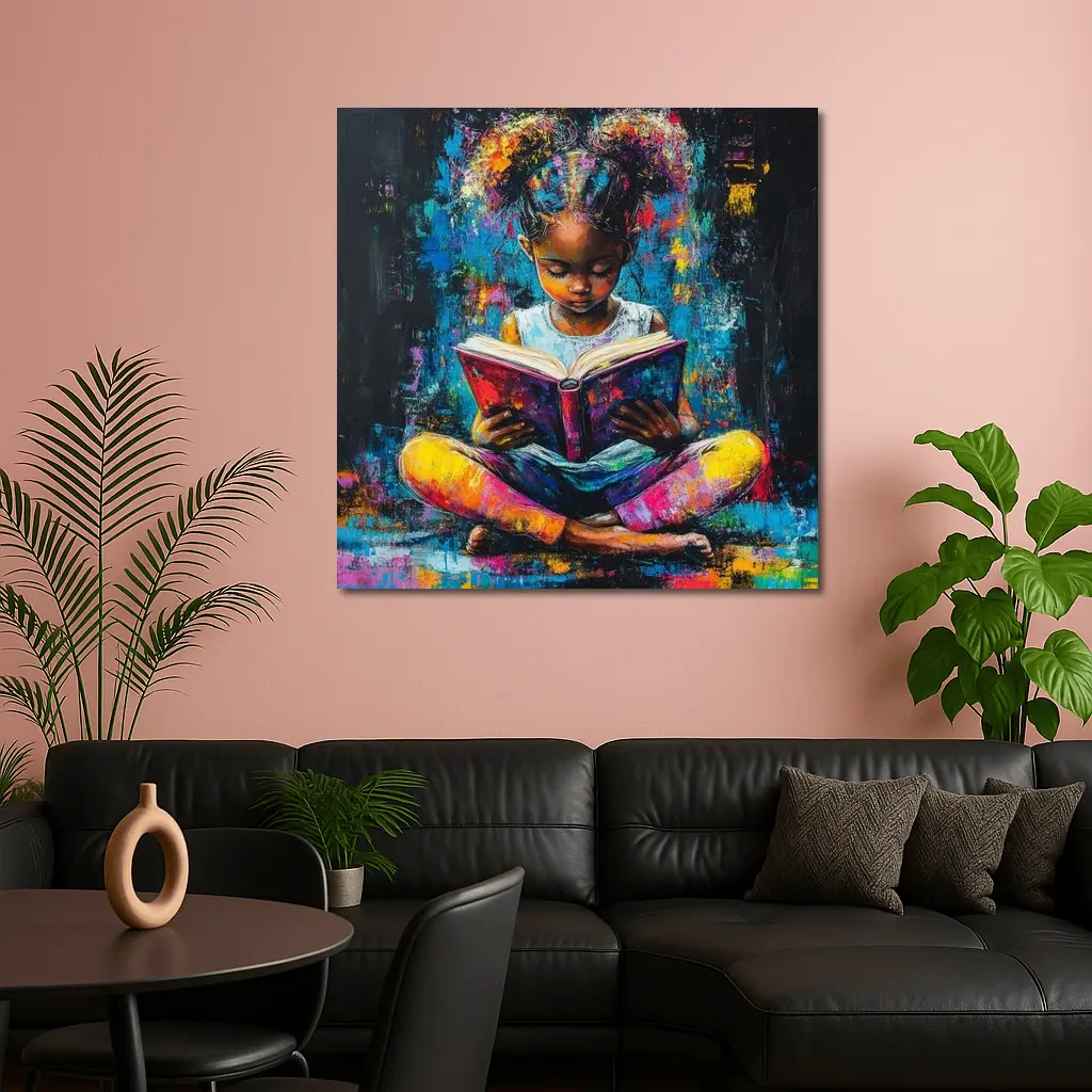 Young Girl Reading Book Colorful Painting Art – Wall Art