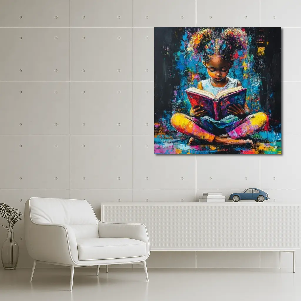Young Girl Reading Book Colorful Painting Art – Wall Art