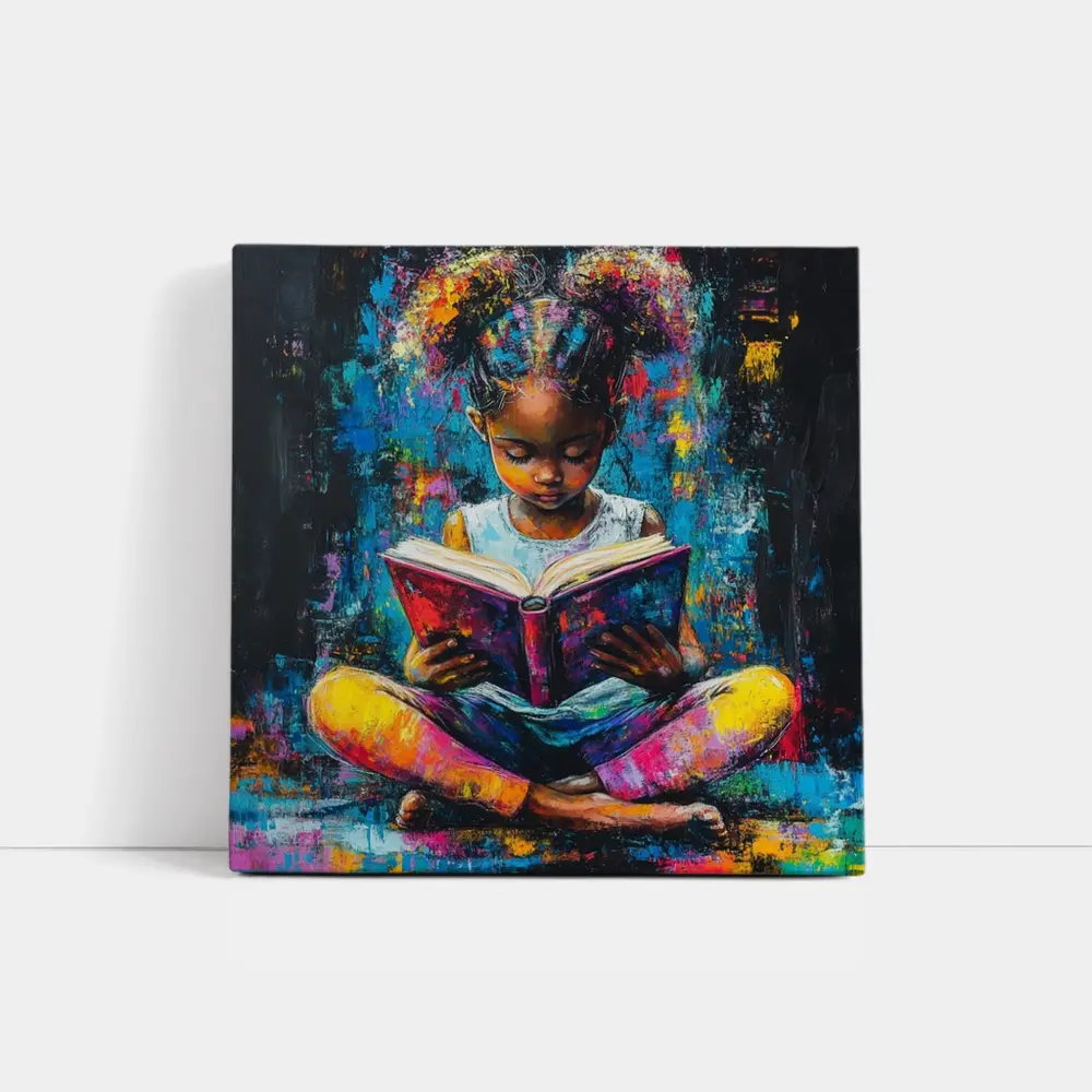 Young Girl Reading Book Colorful Painting Art – Wall Art